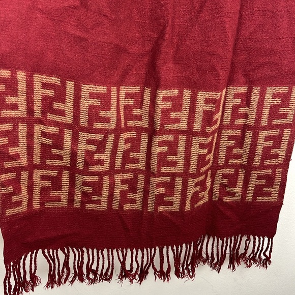 Vintage FENDI Dark Red Wool Fringe Scarf 23x67” - Picture 3 of 6